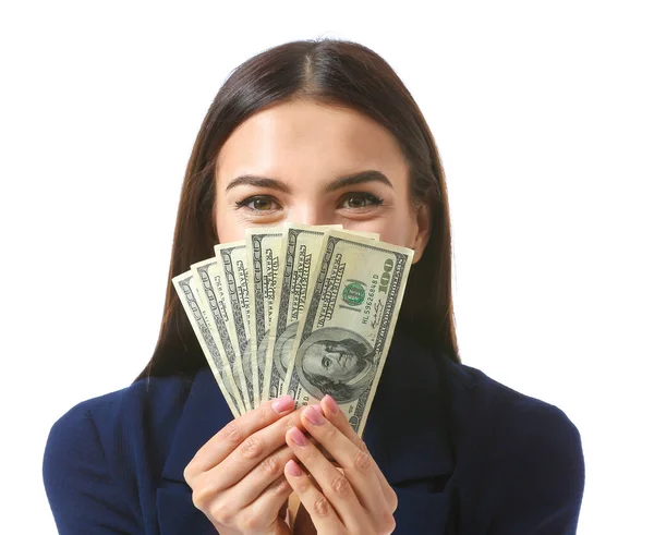 Bela jovem empresária com dinheiro no fundo branco — Fotografia de Stock