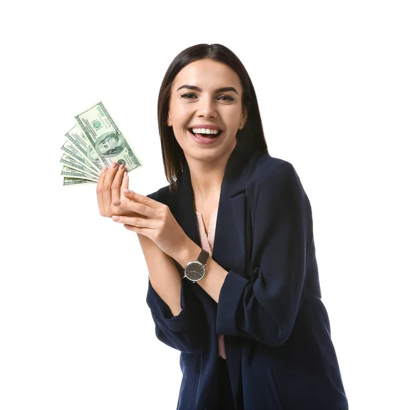 Bela jovem empresária com dinheiro no fundo branco — Fotografia de Stock