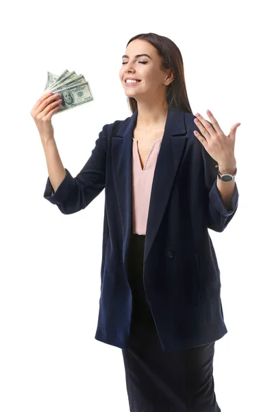 Beautiful young businesswoman with money on white background — Stock Photo, Image