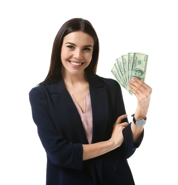 Gyönyörű fiatal üzletasszony pénz fehér háttér — Stock Fotó