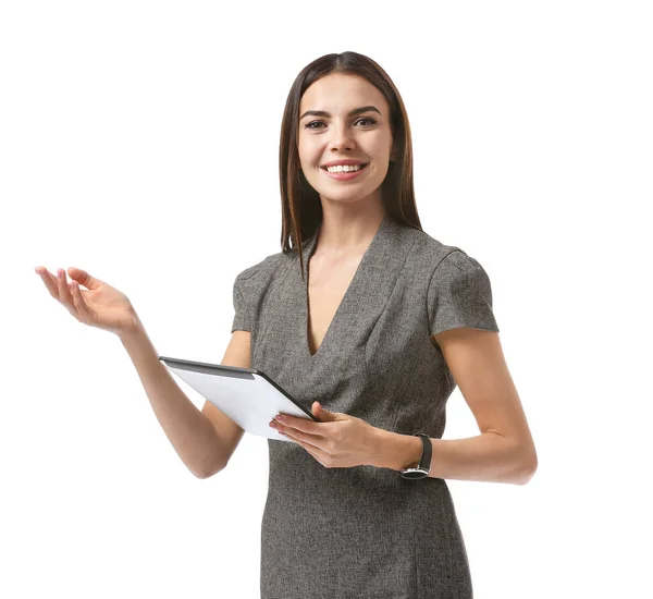 Bela jovem empresária com computador tablet no fundo branco — Fotografia de Stock