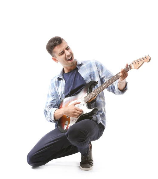 Handsome emotional man playing guitar on white background — Stock Photo, Image