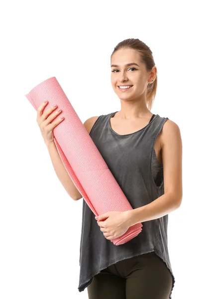 Beautiful young woman with yoga mat on white background — Stock Photo, Image