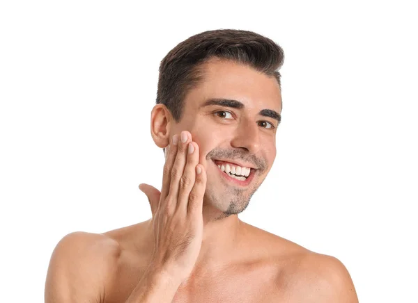 Handsome young man with shaved part of his face on white background — Stock Photo, Image