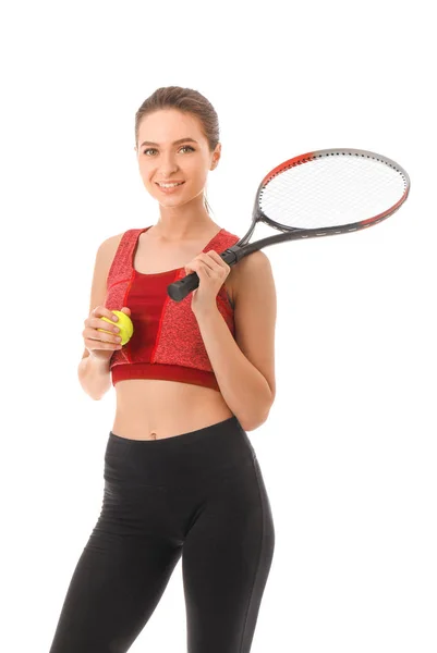 Sporty female tennis player on white background — Stock Photo, Image