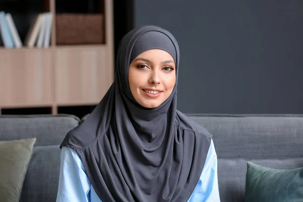 Portrait of beautiful Muslim woman at home — Stock Photo, Image