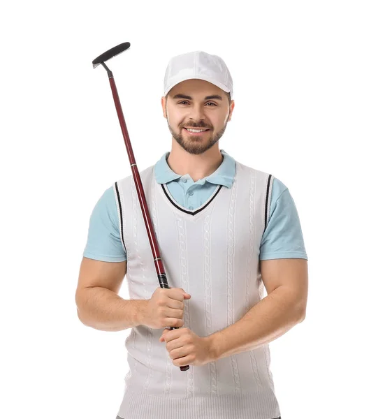 Bonito golfista masculino isolado em branco — Fotografia de Stock