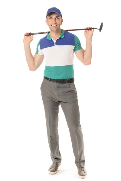 Bonito golfista masculino isolado em branco — Fotografia de Stock