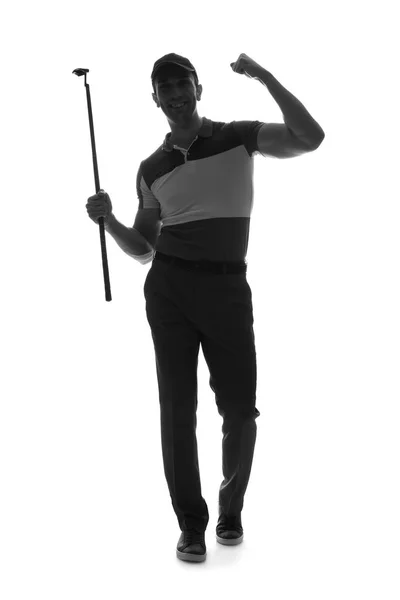 Silhueta de golfista masculino feliz isolado em branco — Fotografia de Stock