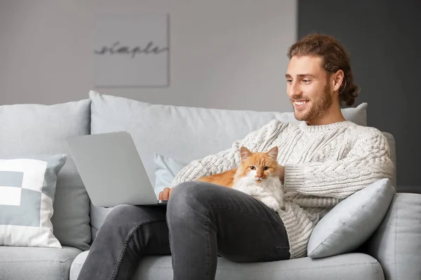 Man with laptop and his cute cat at home — Stock Photo, Image
