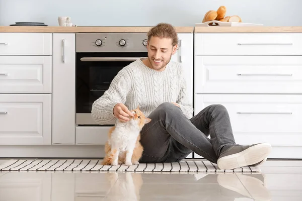 Man feeding cute cat in kitchen — Stock Photo, Image