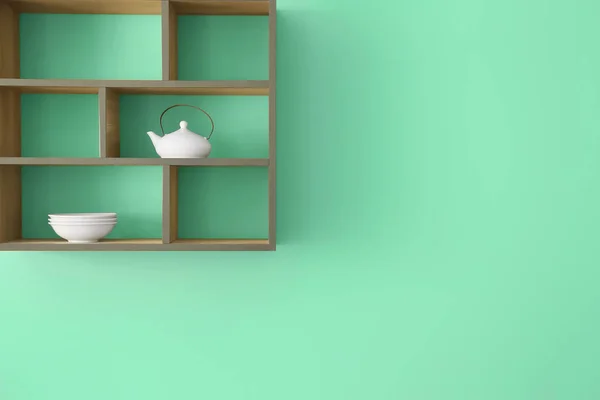 Prateleiras com utensílios de mesa pendurados na parede colorida — Fotografia de Stock