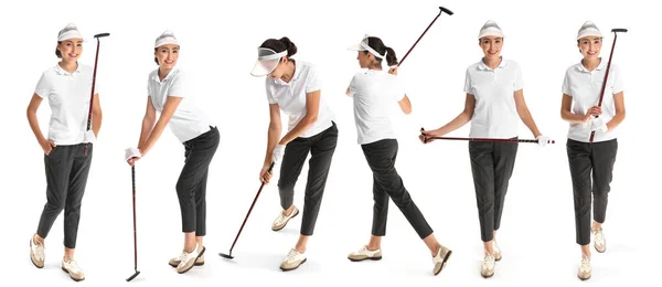 Set s krásným golfistou na bílém pozadí — Stock fotografie