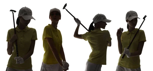 Beyaz arkaplanda güzel golfçülerin siluetleri ile ayarlandı — Stok fotoğraf
