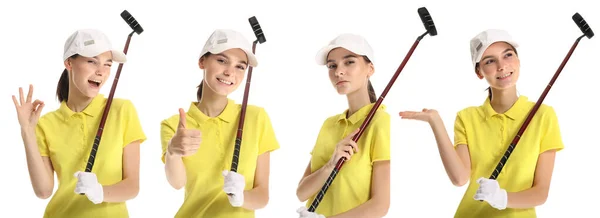 Set s krásným golfistou na bílém pozadí — Stock fotografie