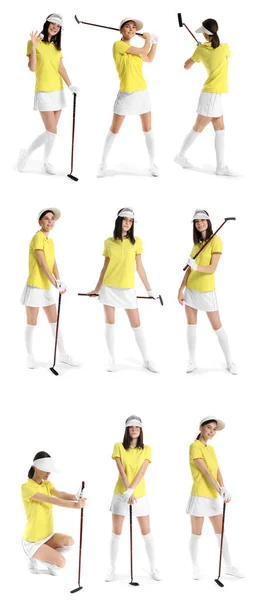 Set with beautiful golfer on white background — Stock Photo, Image