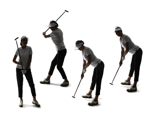 Set with silhouettes of beautiful golfer on white background — Stock Photo, Image