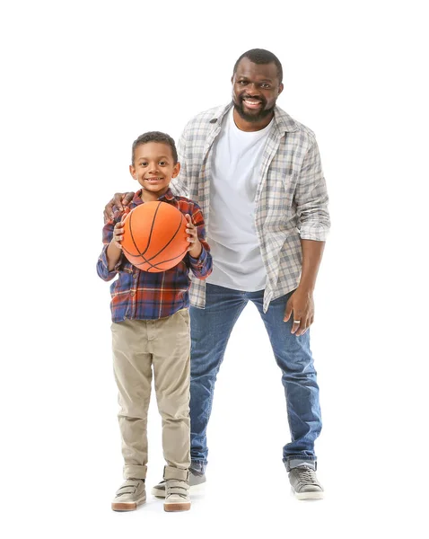 Portrait of African-American man and his little son with ball on white background — Stock Photo, Image