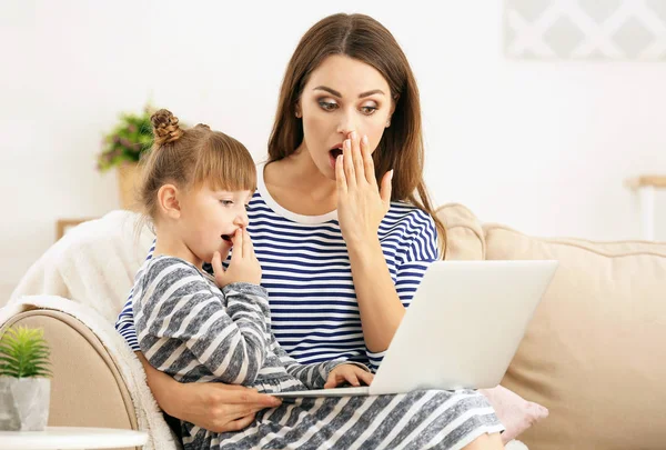 Surprised mother and daughter with laptop at home — Stock Photo, Image