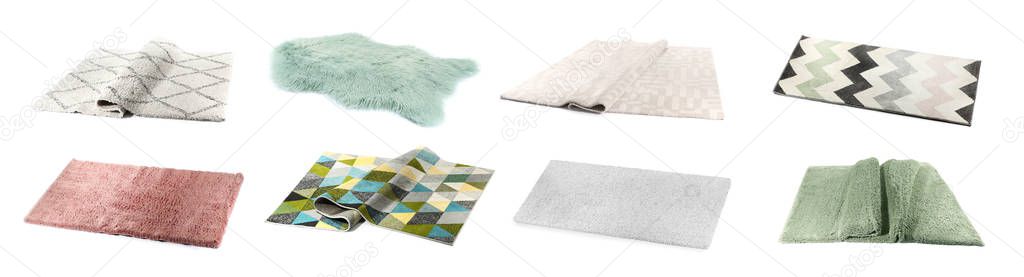 Set of different carpets on white background
