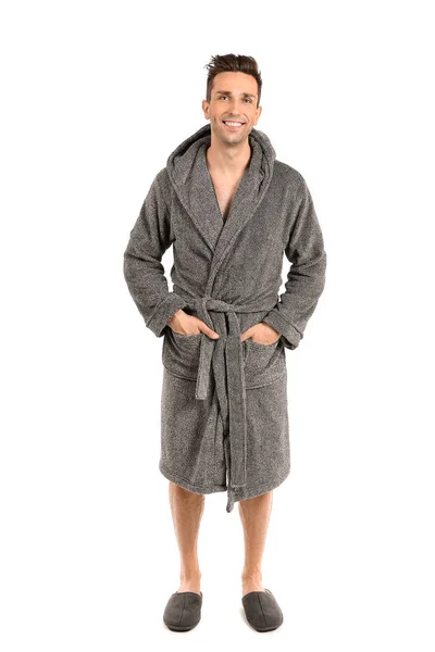 Handsome man in bathrobe on white background — Stock Photo, Image