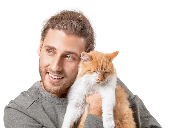 Man with cute cat on white background — Stock Photo, Image