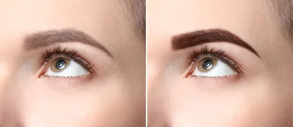 Mujer joven antes y después de la corrección de las cejas, primer plano —  Fotos de Stock