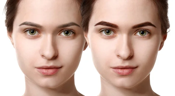 Mulher jovem antes e depois da correção das sobrancelhas no fundo branco — Fotografia de Stock