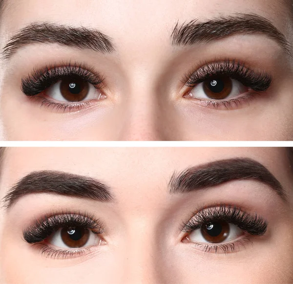 Young woman before and after eyebrows correction, closeup — Stock Photo, Image