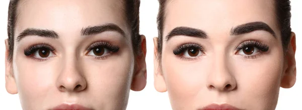 Jeune femme avant et après correction des sourcils sur fond blanc — Photo