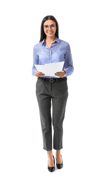 Schöne junge Geschäftsfrau mit Dokumenten auf weißem Hintergrund — Stockfoto