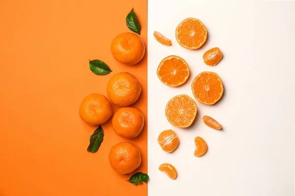 Sweet tangerines on color background — Stock Photo, Image