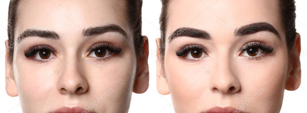 Young woman before and after eyebrows correction on white background