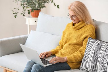 Evde dizüstü bilgisayar kullanan güzel olgun bir kadın.