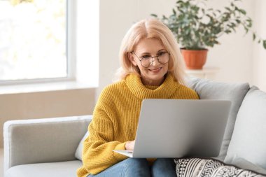 Evde dizüstü bilgisayar kullanan güzel olgun bir kadın.