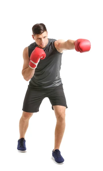 Desportivo jovem boxer no fundo branco — Fotografia de Stock