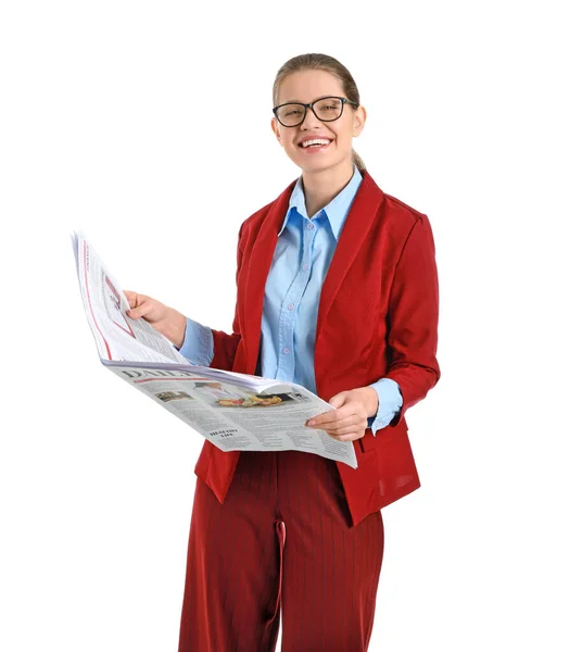 Young businesswoman with newspaper on white background — Stock Photo, Image