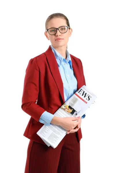 Young businesswoman with newspaper on white background — Stock Photo, Image