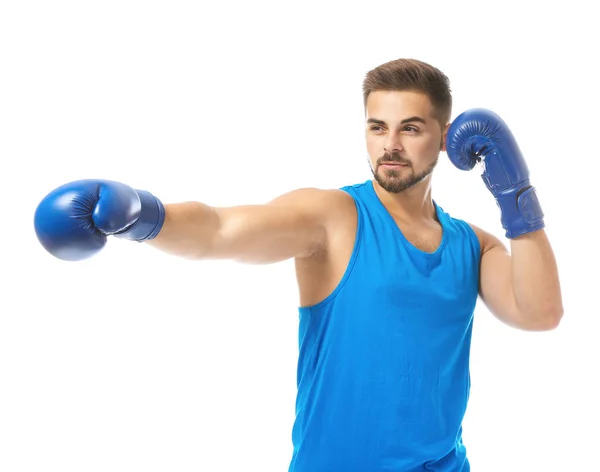 Sportieve jonge bokser tegen witte achtergrond — Stockfoto