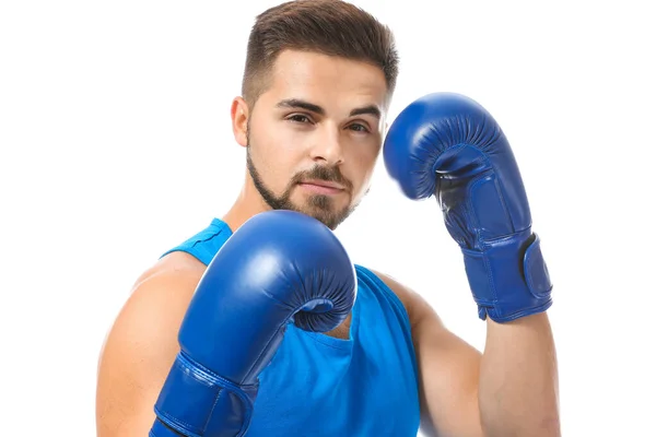 Desportivo jovem boxer contra fundo branco — Fotografia de Stock
