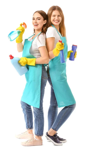 Female janitors on white background — Stock Photo, Image