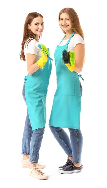 Female janitors on white background — Stock Photo, Image