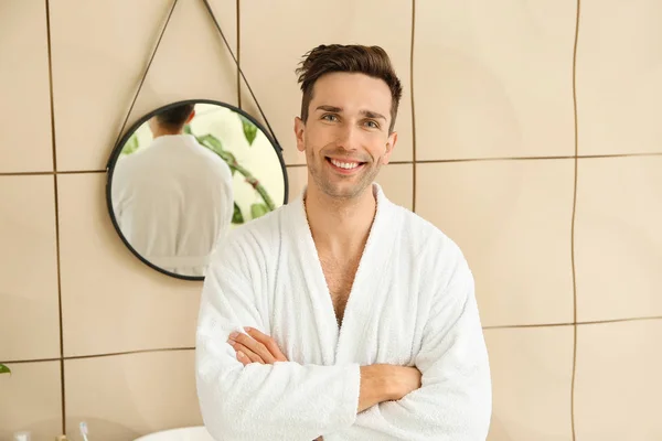 Handsome man after shower in bathroom — Stock Photo, Image