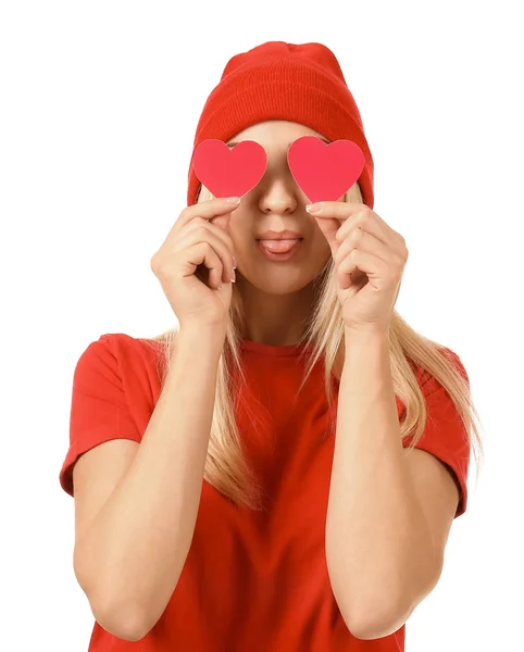 Beautiful young woman with small red hearts on white background — Stock Photo, Image