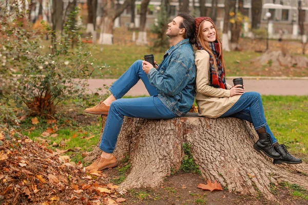 Casal feliz descansando no parque outono — Fotografia de Stock