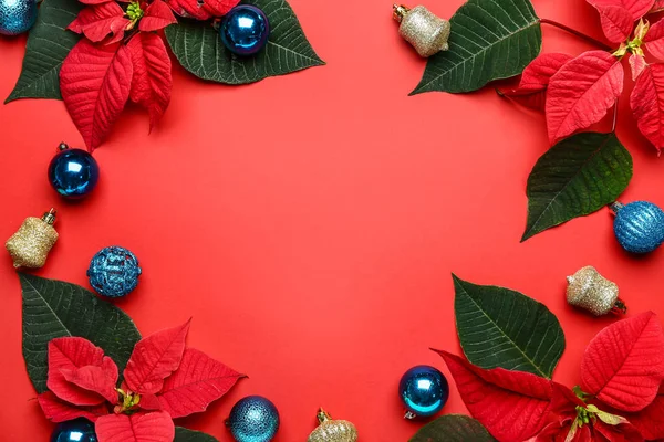 Beautiful Christmas composition with poinsettia on color background — Stock Photo, Image