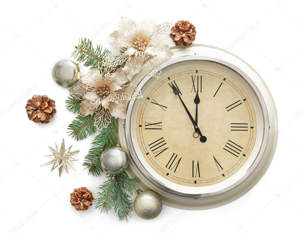 Clock and decor on white background. Christmas countdown concept