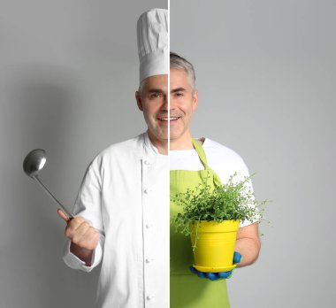 Gri arka planda farklı mesleklerden üniformalı bir adamın portresi.