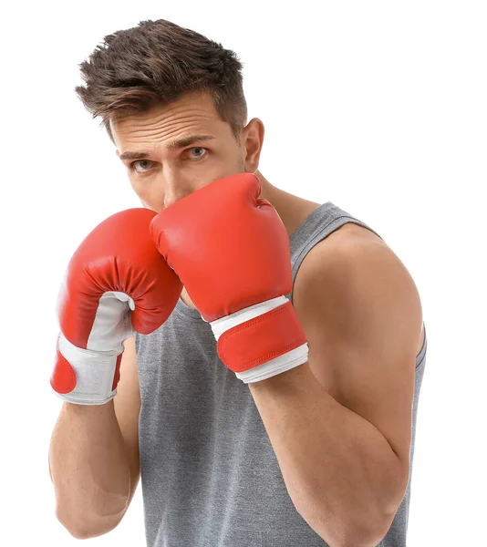 Sporty male boxer on white background — Stock Photo, Image