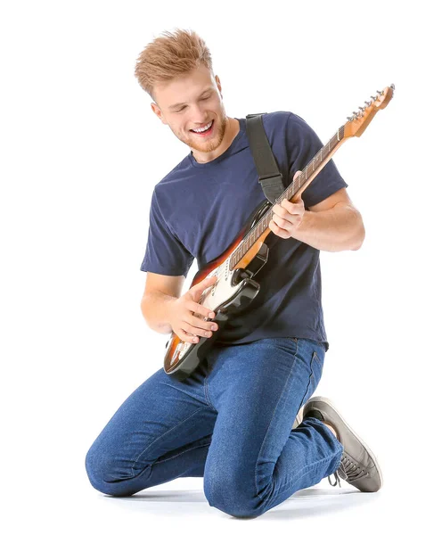 Handsome man playing guitar on white background — Stock Photo, Image